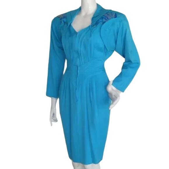 Avant Garde Dress, XS/S, VINTAGE, Aqua Blue, Statement Shoulders, Zip front, LS - Picture 6 of 15